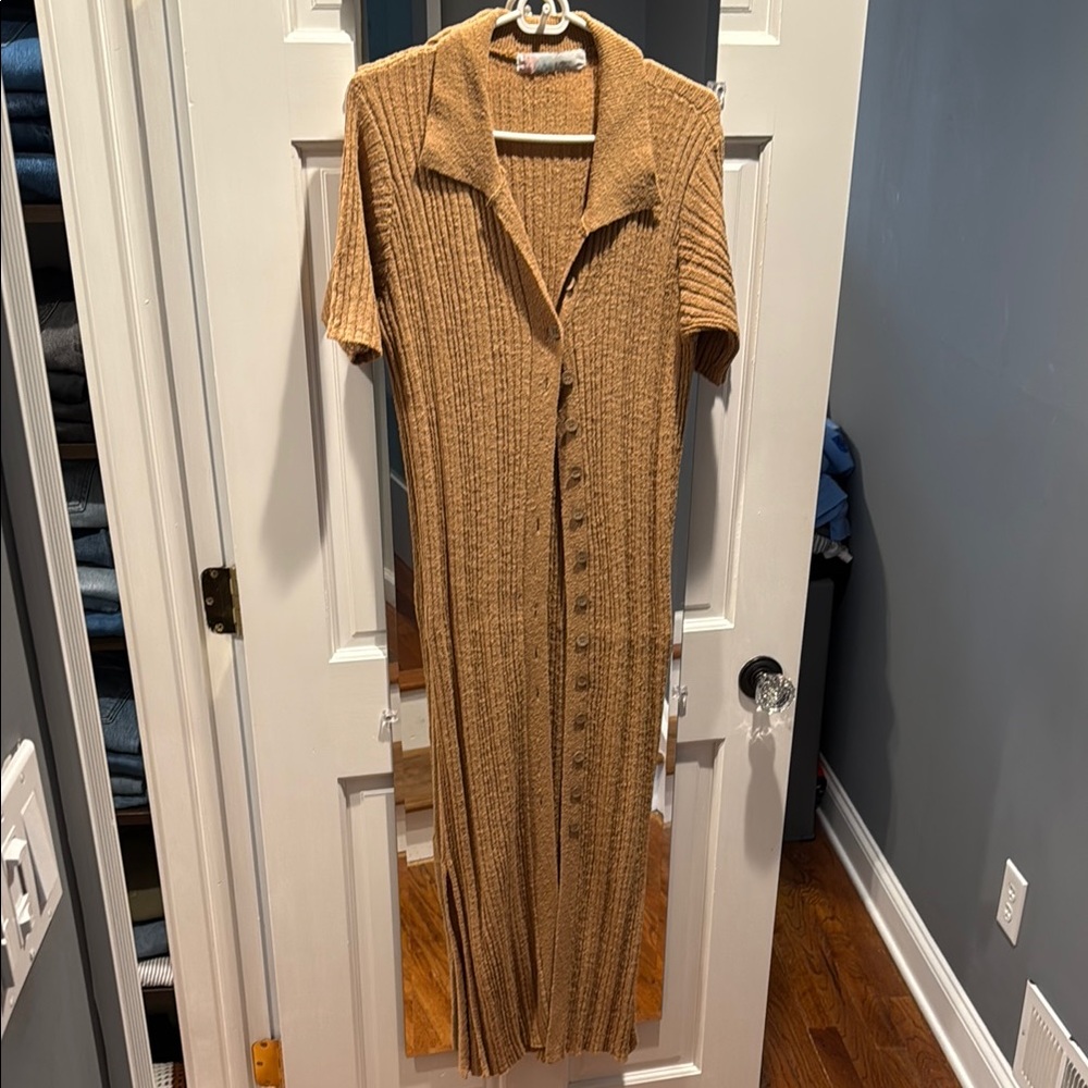 Free People Tan Maxi Dress Notched Collar Short Sleeve